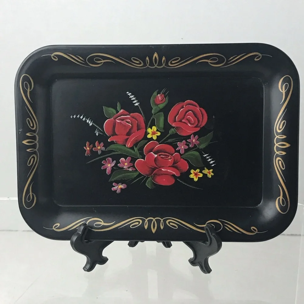 VINTAGE TOLE TRAY METAL HAND PAINTED BLACK FLORAL TRINKET DISH
